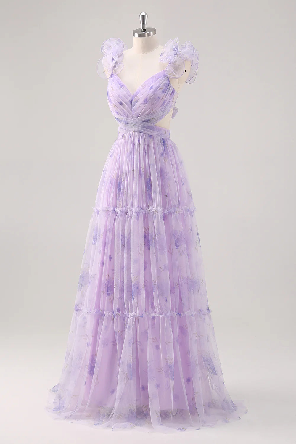 Lavender A Line V Neck Print Pleated Cut Out Bridesmaid Dress with Lace Up Back